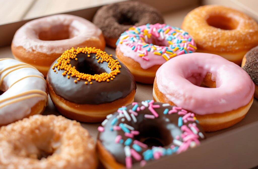 A dozen various donuts with pink and chocolate glaze and sprinkles.