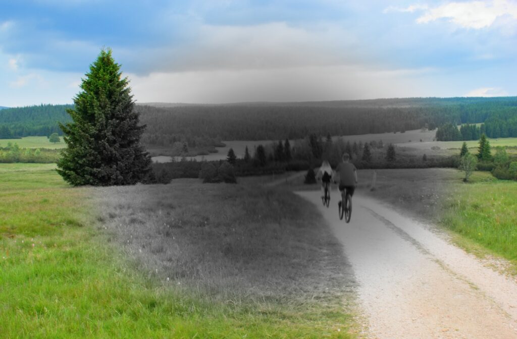 An image of a 2 people biking with a darkening spot in the center of the image to demonstrate how macular degeneration affects a person's vision.